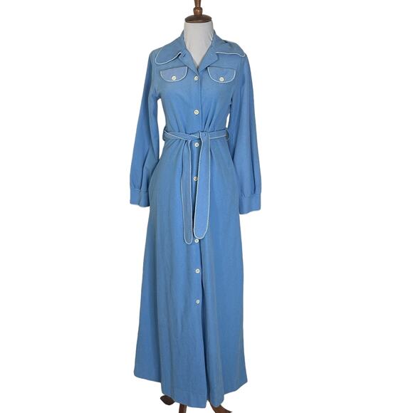 Vintage 1970s Vassarette Blue Velour Maxi Robe Dress XS/S  Lounge Housecoat - Picture 3 of 10